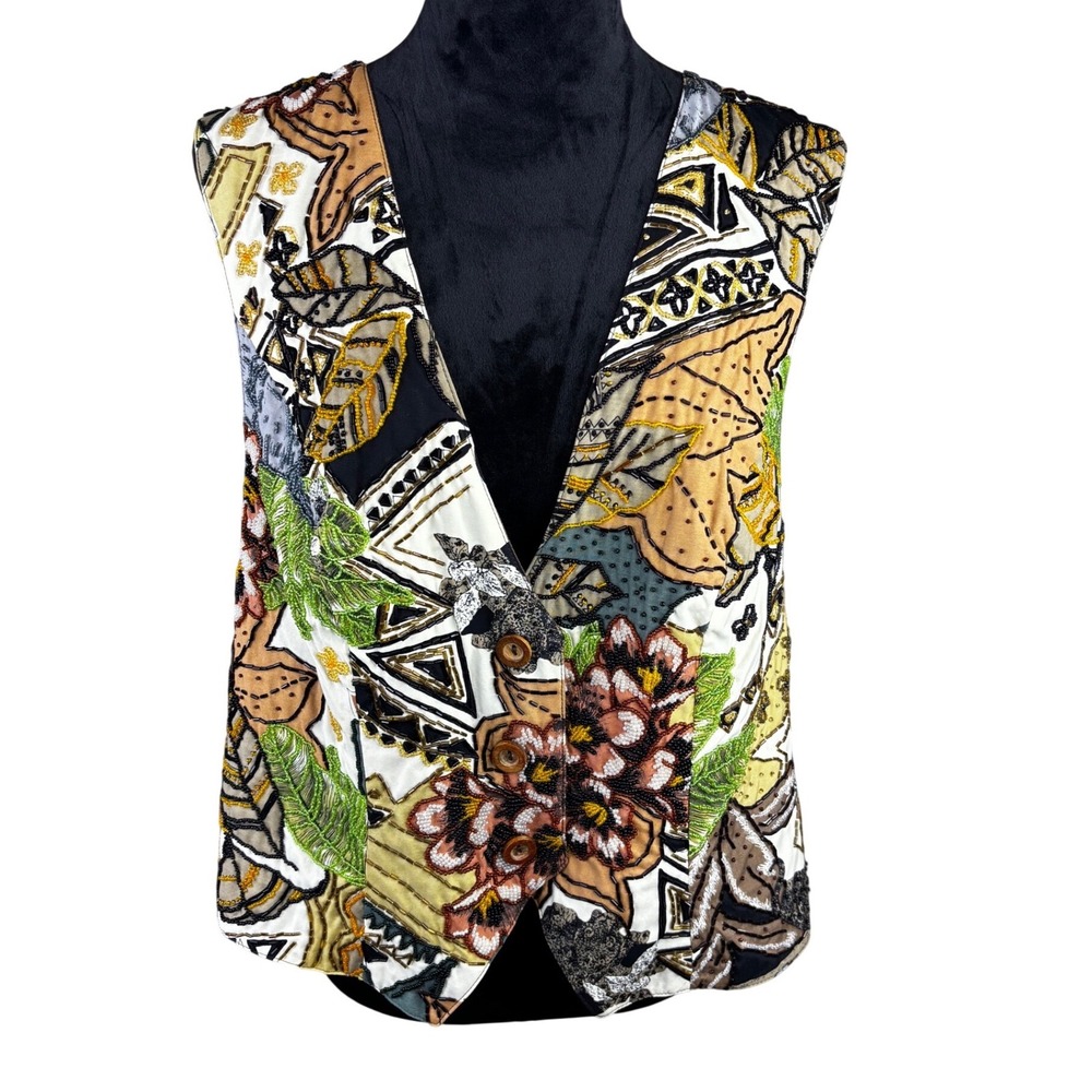 Vintage Blossom Rosen Dividends Heavily Beaded Abstract Floral Rayon Vest Sz 16